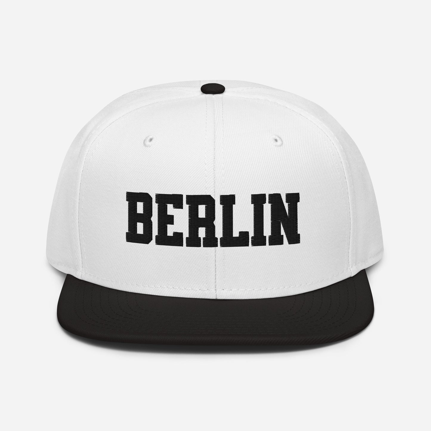 Front view of Berlin Germany embroidered snapback hat with flat visor