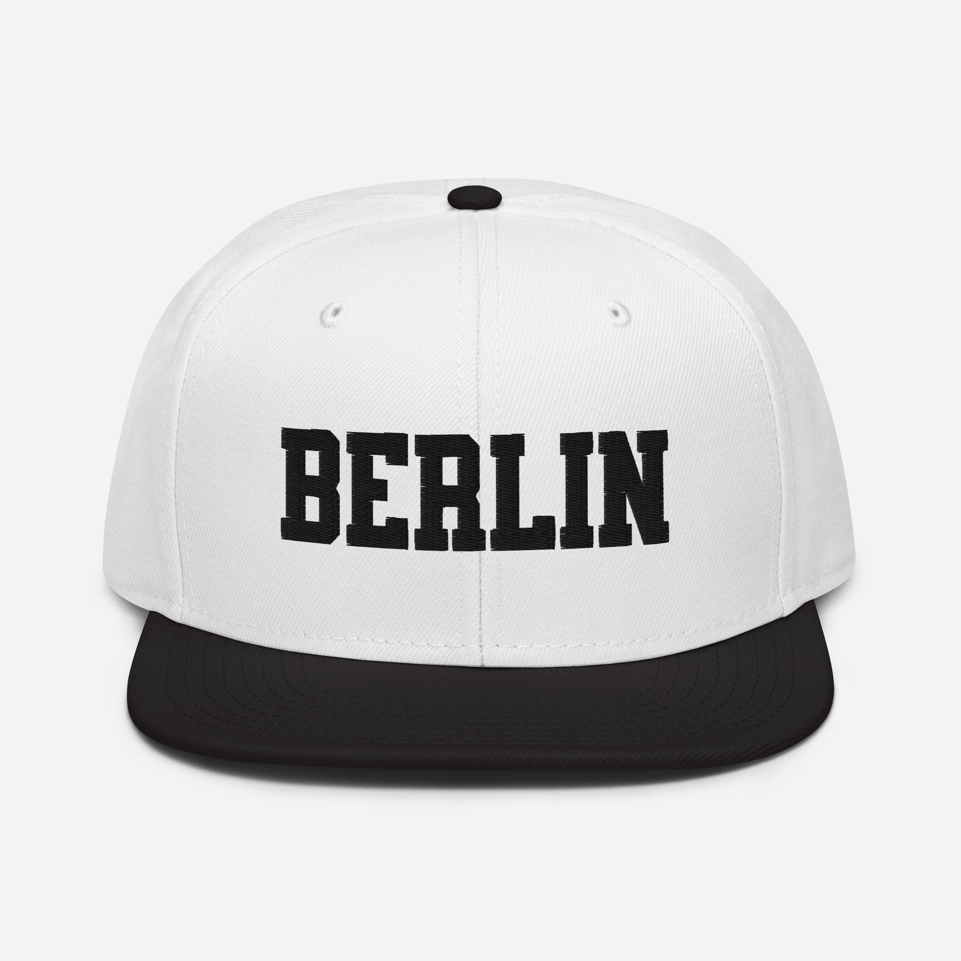 Front view of Berlin Germany embroidered snapback hat with flat visor