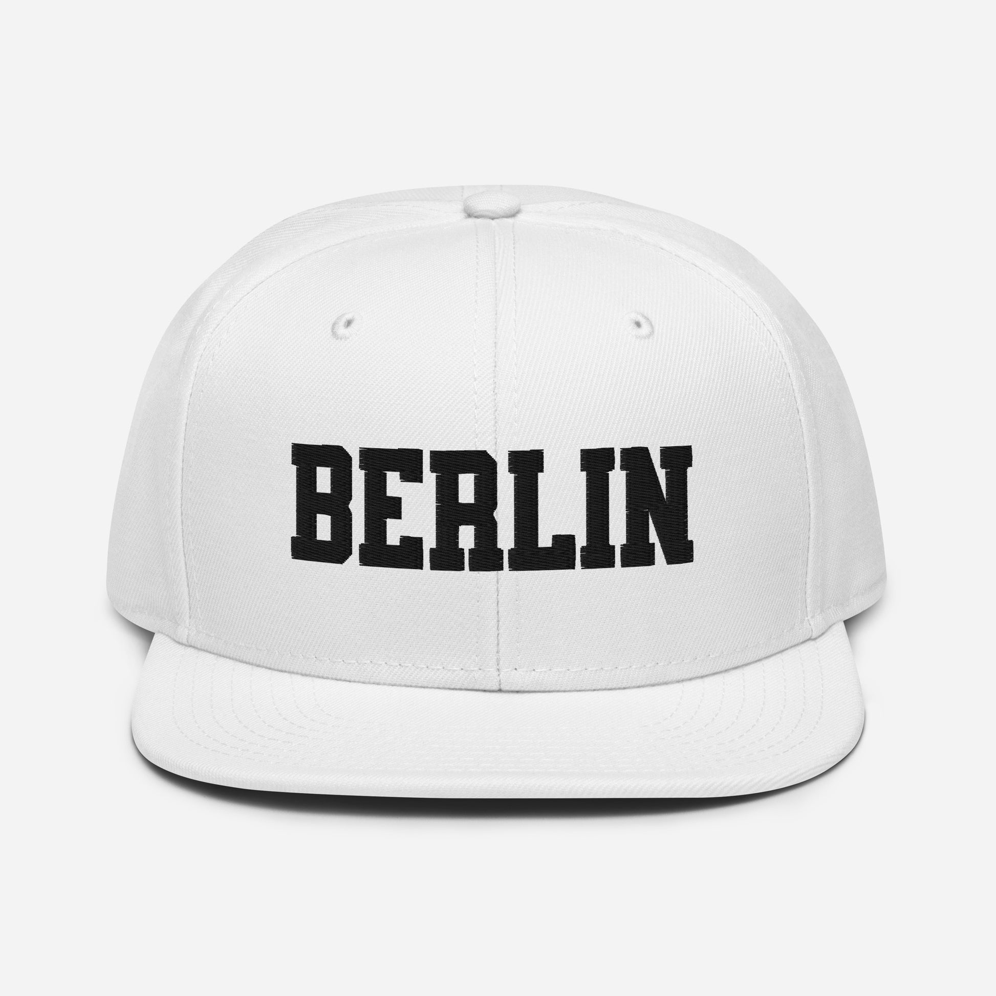 Front view of Berlin Germany embroidered snapback hat with flat visor