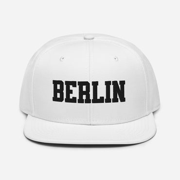Front view of Berlin Germany embroidered snapback hat with flat visor