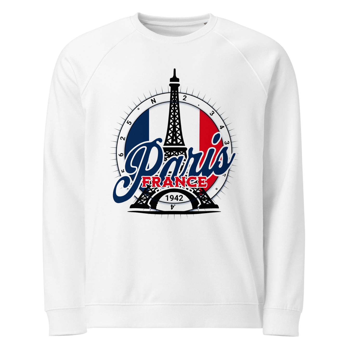 Paris France Unisex Organic Raglan Sweatshirt by Fitcustomizer Oy – Sustainable French Style Sweatshirt in Organic Cotton
