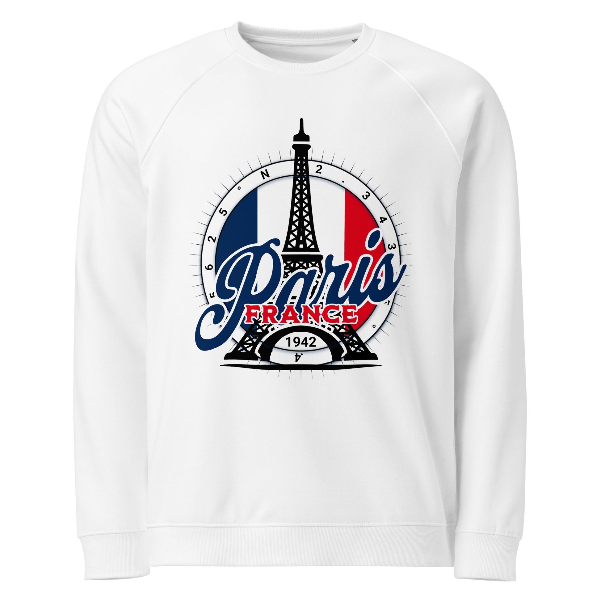 Paris France Unisex Organic Raglan Sweatshirt by Fitcustomizer Oy – Sustainable French Style Sweatshirt in Organic Cotton